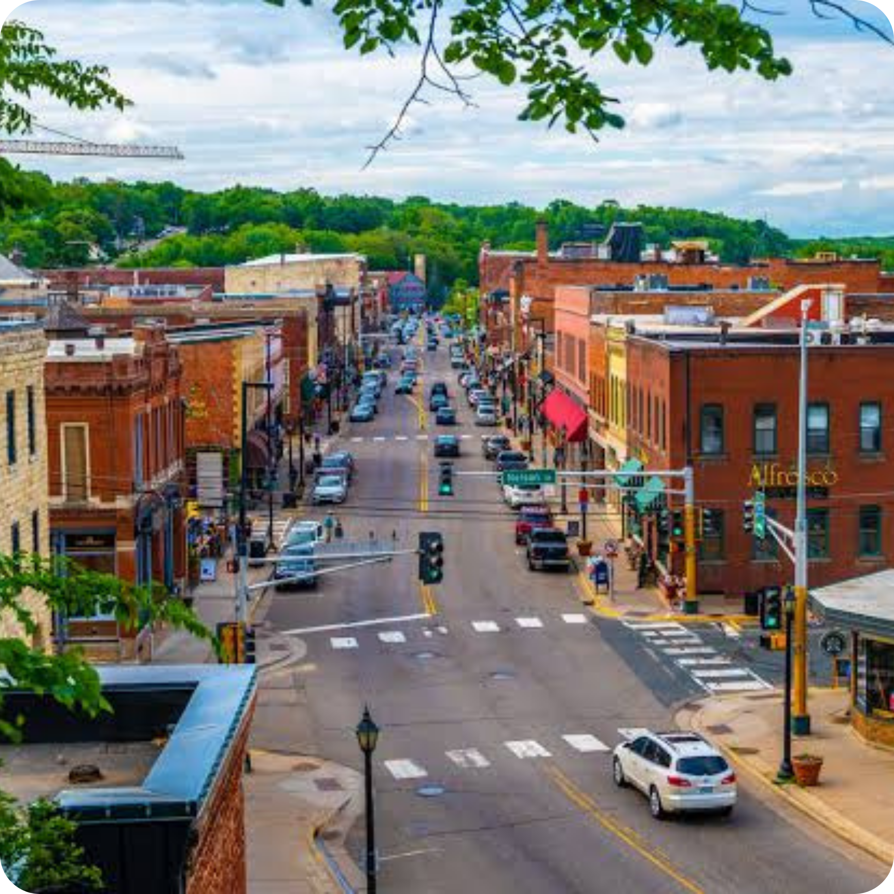 A bustling main street in downtown Stillwater, Minnesota, featuring historic brick buildings, parked cars, and pedestrians with a partly cloudy sky.
